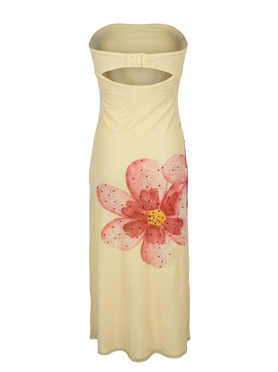 Ghost cut image of a butter yellow MESH FLORAL RHINESTONE STRAPLESS MAXI DRESS on a white background.