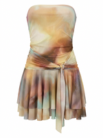 Ghost cut image of a cream/multi color FIT & FLARE STRAPLESS TIE DYE PRINT MINI DRESS on a white background.
