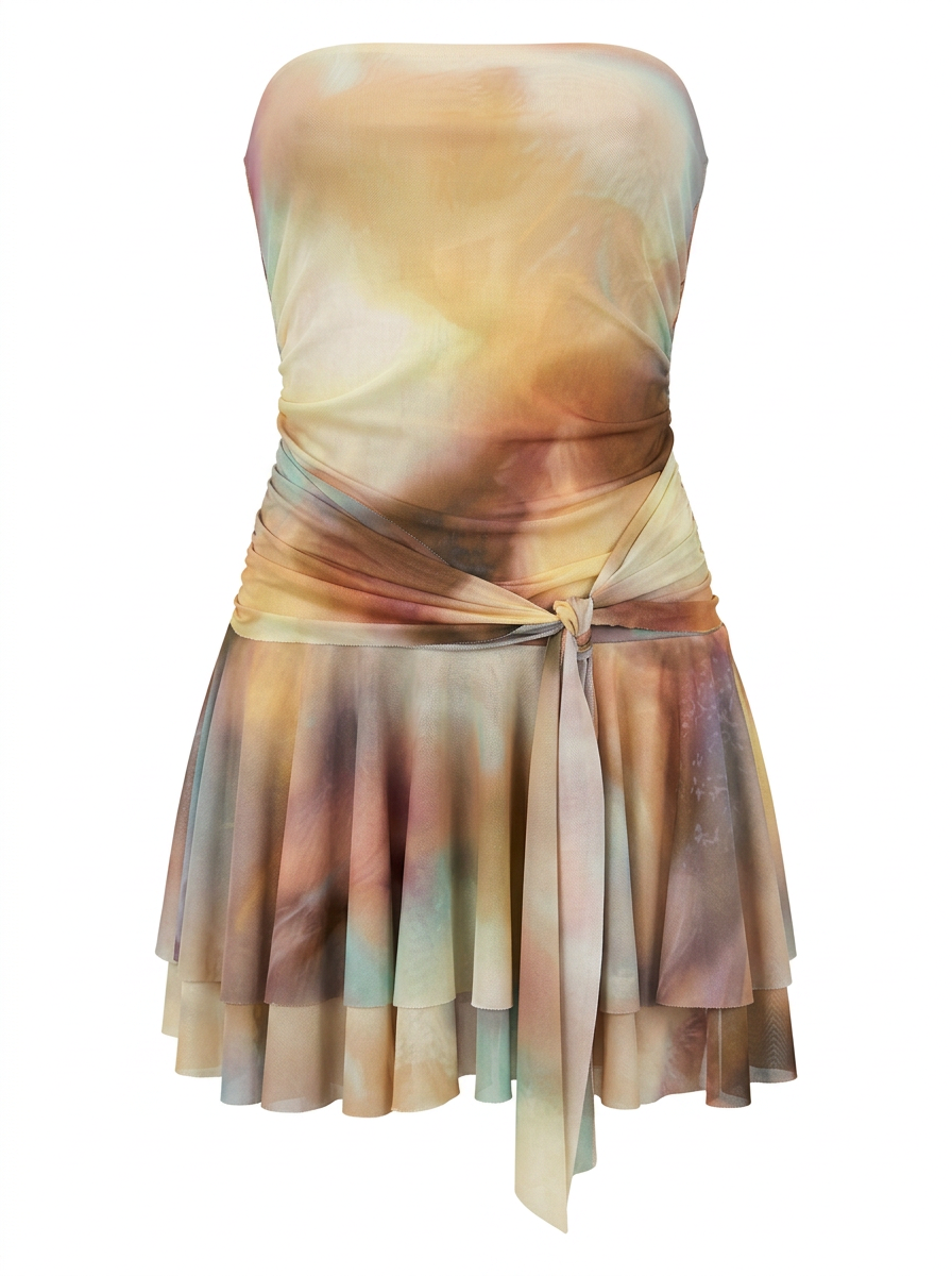 Ghost cut image of a cream/multi color FIT & FLARE STRAPLESS TIE DYE PRINT MINI DRESS on a white background.