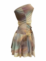 Ghost cut image of a cream/multi color FIT & FLARE STRAPLESS TIE DYE PRINT MINI DRESS on a white background.