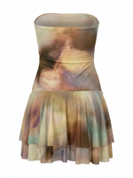 Ghost cut image of a cream/multi color FIT & FLARE STRAPLESS TIE DYE PRINT MINI DRESS on a white background.