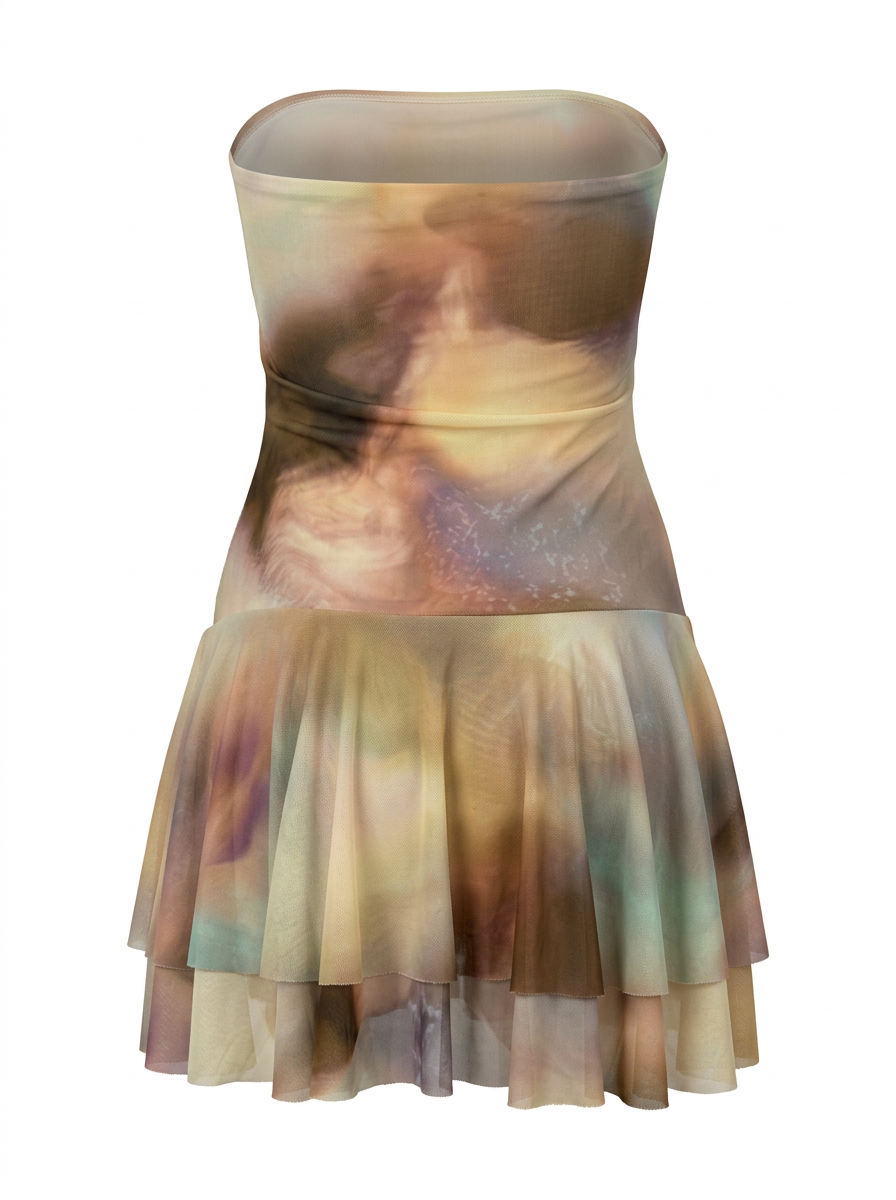 Ghost cut image of a cream/multi color FIT & FLARE STRAPLESS TIE DYE PRINT MINI DRESS on a white background.