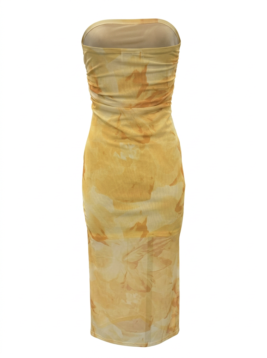 Ghost cut image of a yellow ABSTRACT PRINT STRAPLESS MESH MIDI DRESS on a white background.