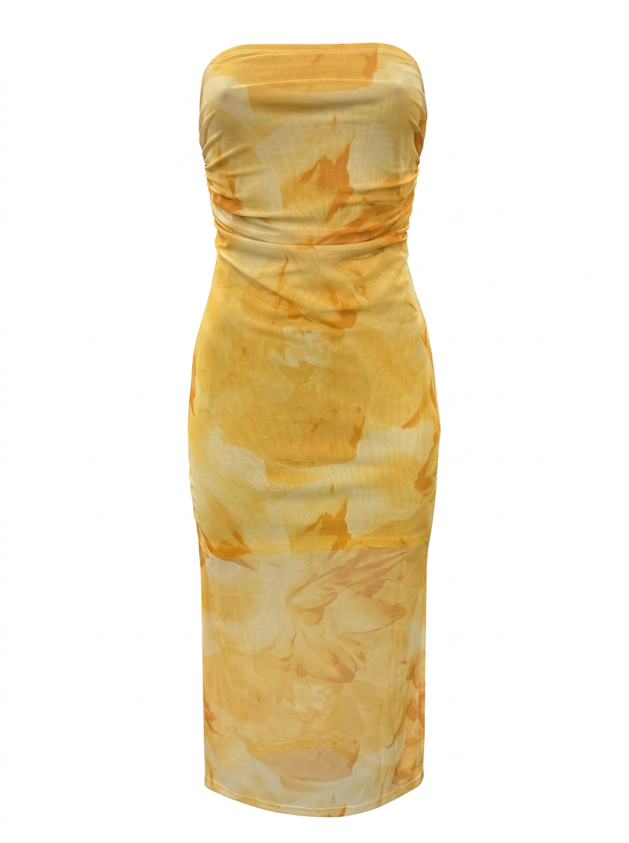 Ghost cut image of a yellow ABSTRACT PRINT STRAPLESS MESH MIDI DRESS on a white background.
