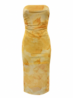 Ghost cut image of a yellow ABSTRACT PRINT STRAPLESS MESH MIDI DRESS on a white background.