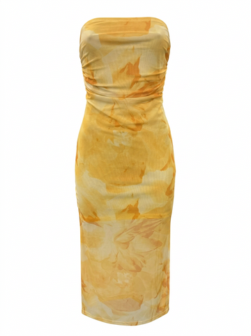 Ghost cut image of a yellow ABSTRACT PRINT STRAPLESS MESH MIDI DRESS on a white background.