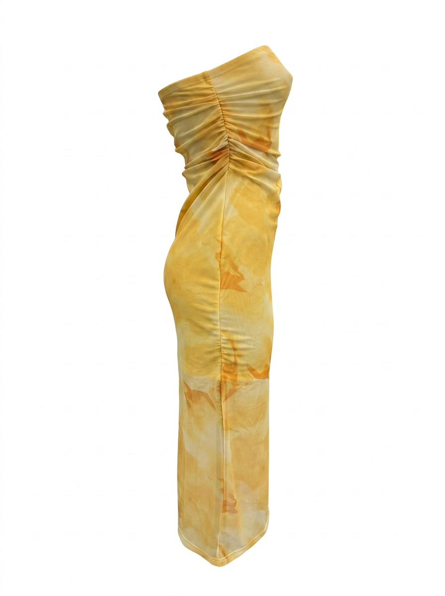 Ghost cut image of a yellow ABSTRACT PRINT STRAPLESS MESH MIDI DRESS on a white background.