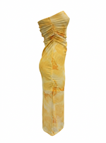 Ghost cut image of a yellow ABSTRACT PRINT STRAPLESS MESH MIDI DRESS on a white background.
