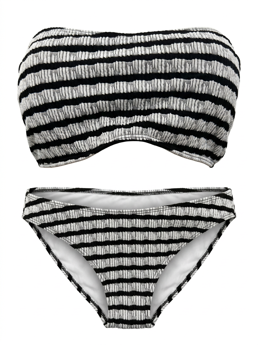 Ghost cut image of a black and white TEXTURED STRIPES TIE NECK TOP & BIKINI BOTTOM SET on a white background.