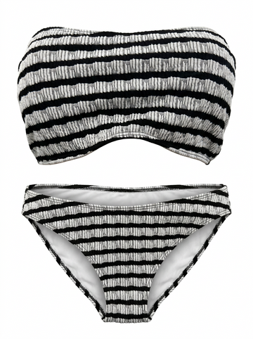 Ghost cut image of a black and white TEXTURED STRIPES TIE NECK TOP & BIKINI BOTTOM SET on a white background.