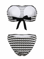 Ghost cut image of a black and white TEXTURED STRIPES TIE NECK TOP & BIKINI BOTTOM SET on a white background.