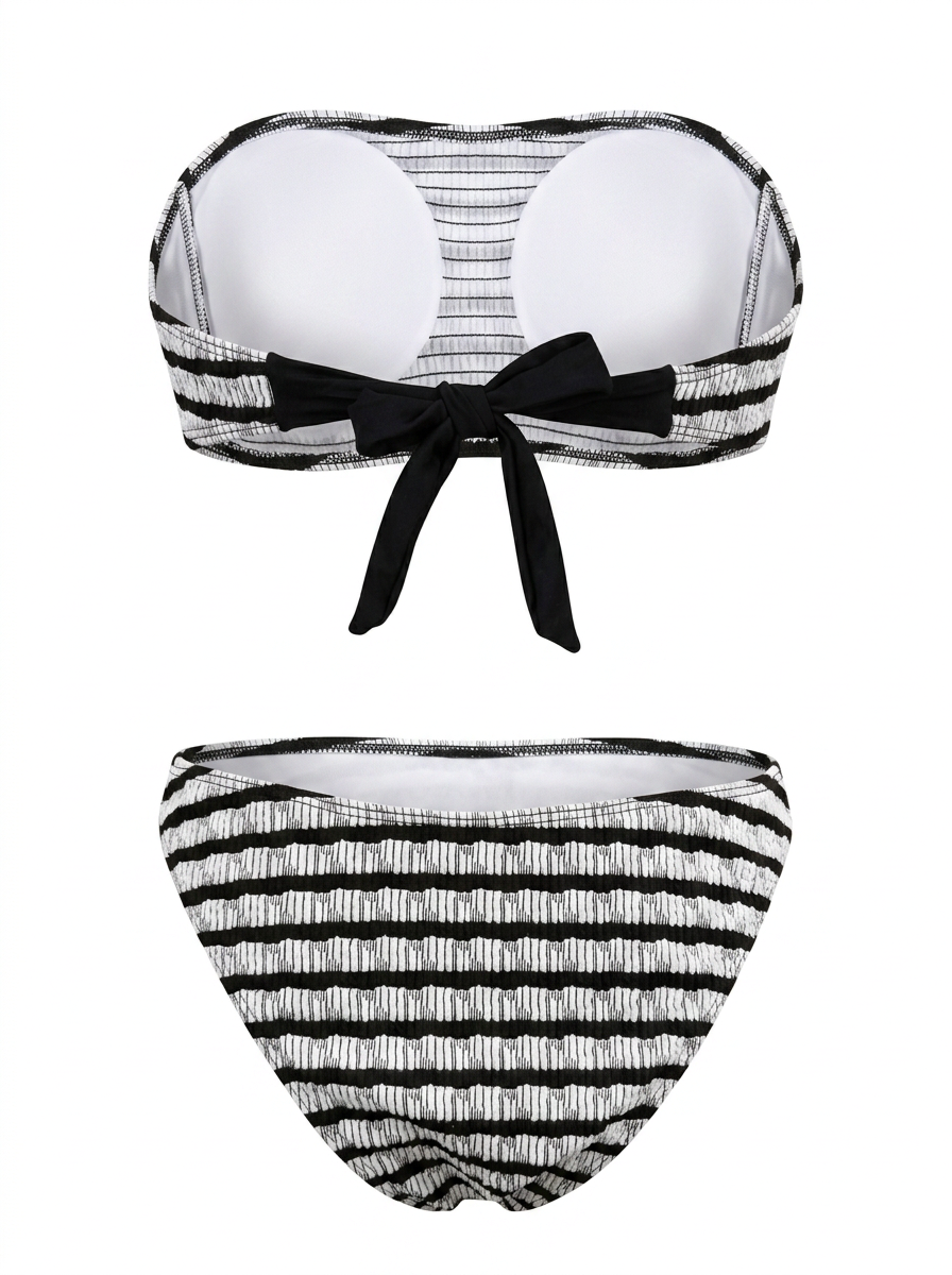 Ghost cut image of a black and white TEXTURED STRIPES TIE NECK TOP & BIKINI BOTTOM SET on a white background.