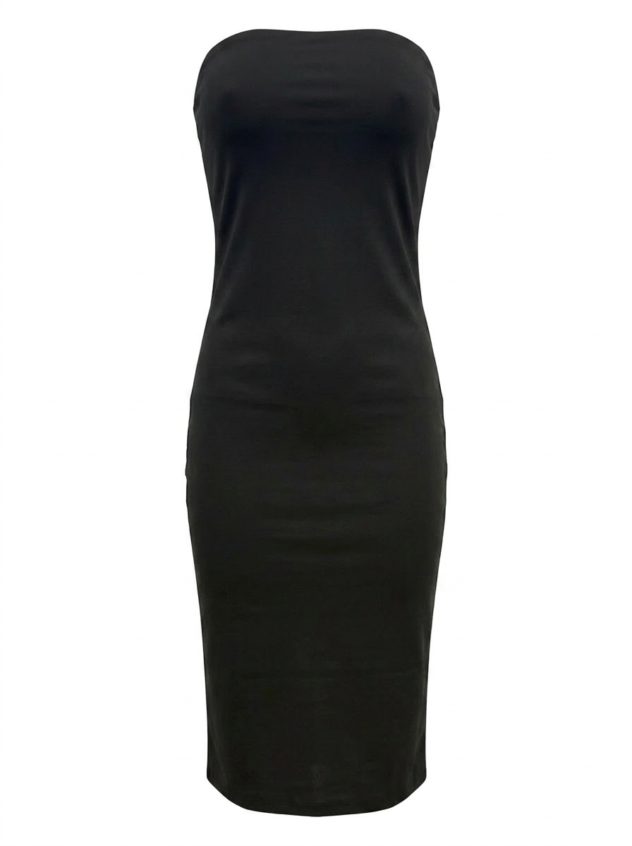 Ghost cut image of a black THE EVERYDAY MIDI SHEATH STRAPLESS DRESS on a white background.