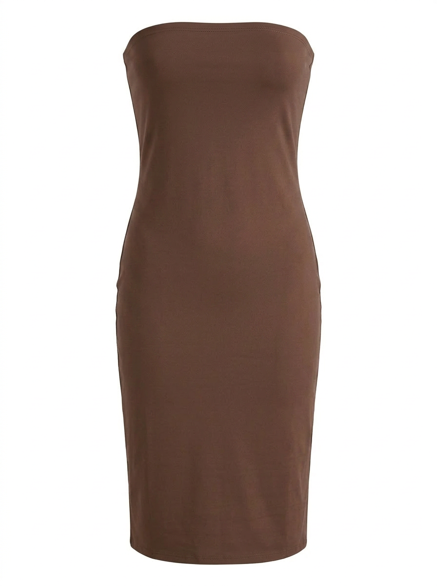 Ghost cut image of a brown THE EVERYDAY MIDI SHEATH STRAPLESS DRESS on a white background.