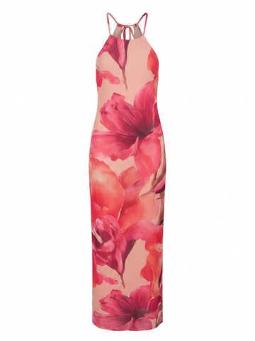 Ghost cut image of a pink LARGE FLORAL PRINT HIGH NECK MAXI DRESS on a white background.