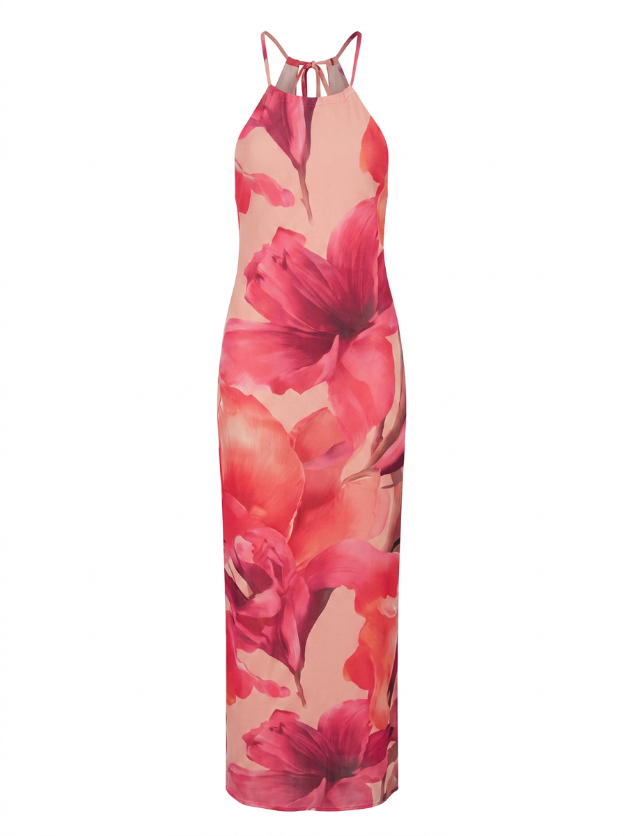 Ghost cut image of a pink LARGE FLORAL PRINT HIGH NECK MAXI DRESS on a white background.