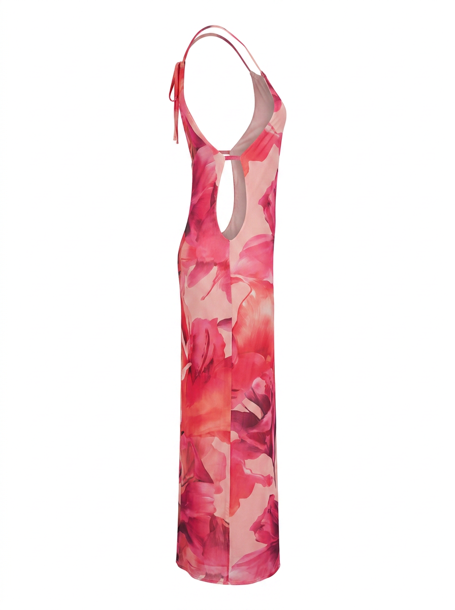 Ghost cut image of a pink LARGE FLORAL PRINT HIGH NECK MAXI DRESS on a white background.