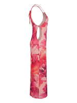 Ghost cut image of a pink LARGE FLORAL PRINT HIGH NECK MAXI DRESS on a white background.
