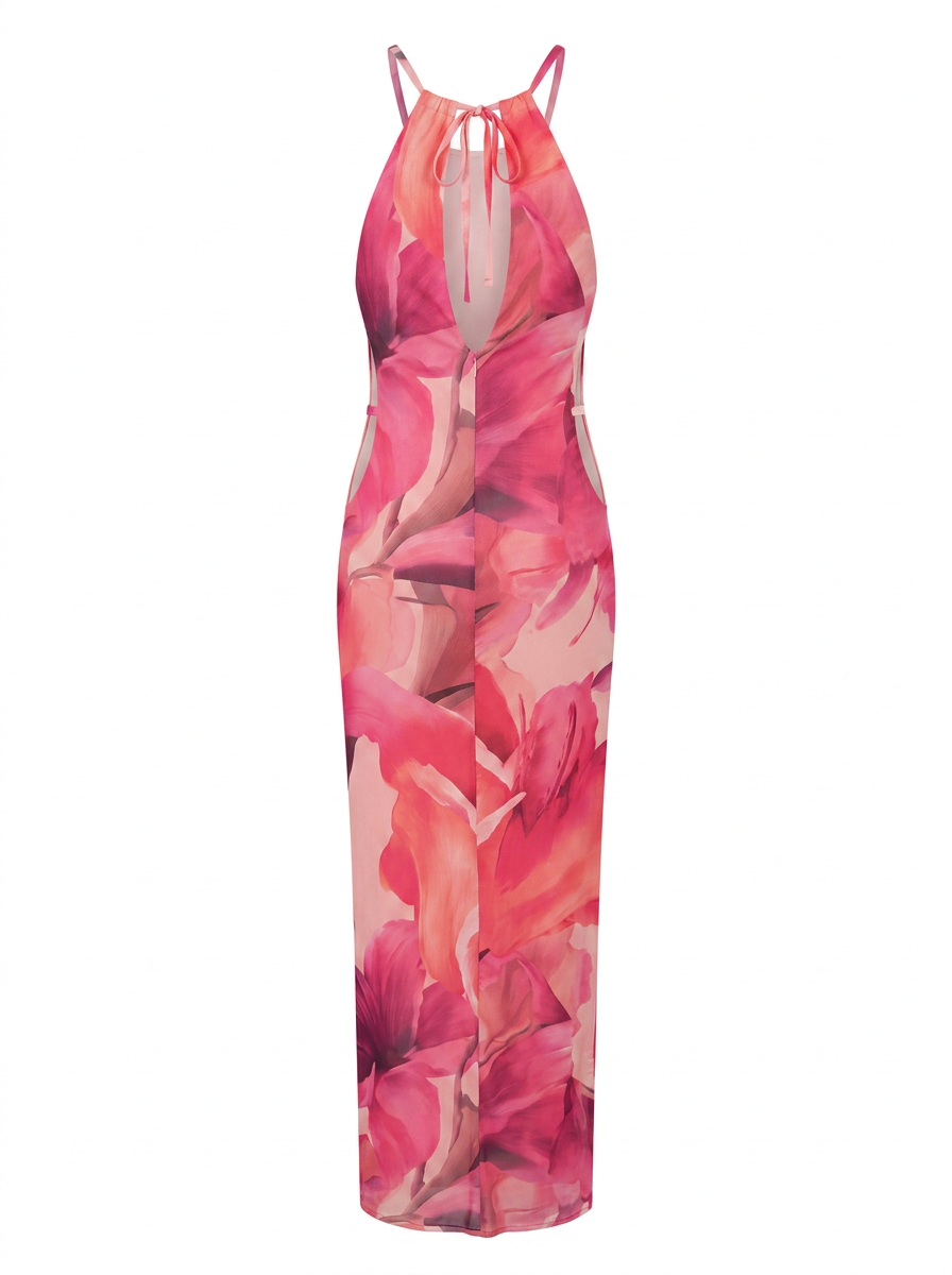 Ghost cut image of a pink LARGE FLORAL PRINT HIGH NECK MAXI DRESS on a white background.