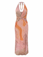 Ghost photo of a pink SWIRL PRINT FRONT RUCHED TWIST HALTER MAXI DRESS on a white background.