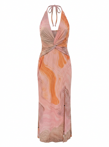 Ghost photo of a pink SWIRL PRINT FRONT RUCHED TWIST HALTER MAXI DRESS on a white background.