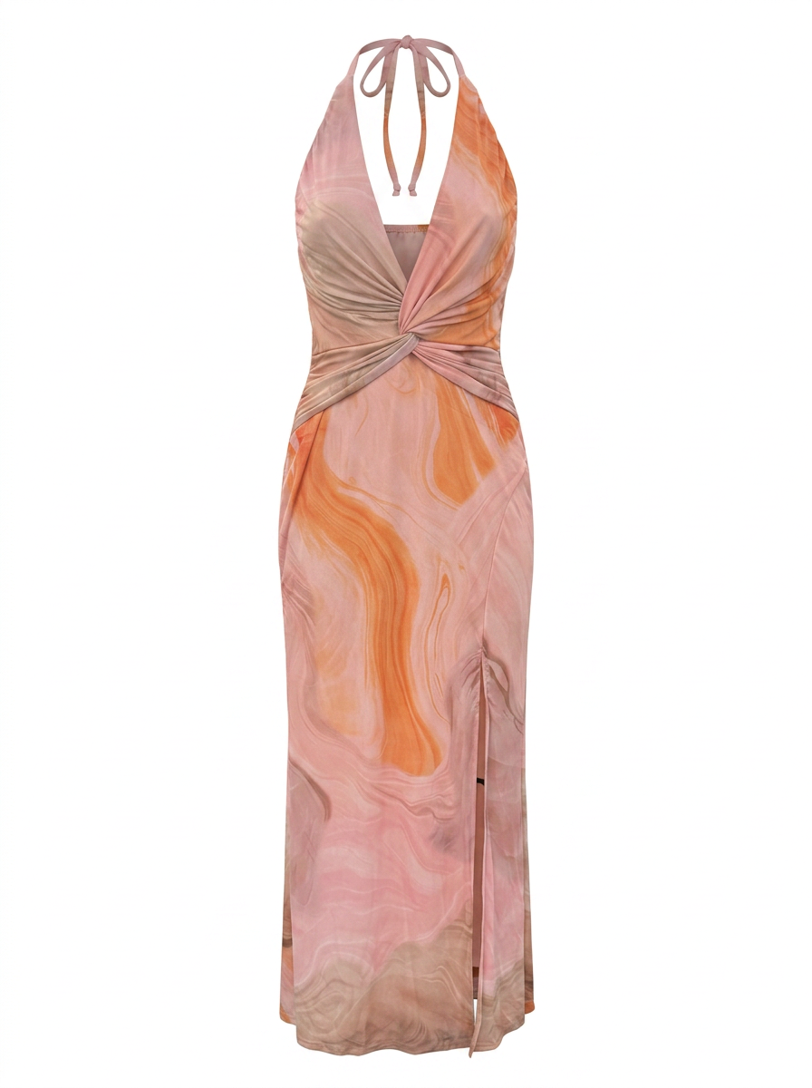 Ghost photo of a pink SWIRL PRINT FRONT RUCHED TWIST HALTER MAXI DRESS on a white background.