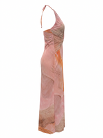 Ghost photo of a pink SWIRL PRINT FRONT RUCHED TWIST HALTER MAXI DRESS on a white background.