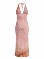 Ghost photo of a pink SWIRL PRINT FRONT RUCHED TWIST HALTER MAXI DRESS on a white background.