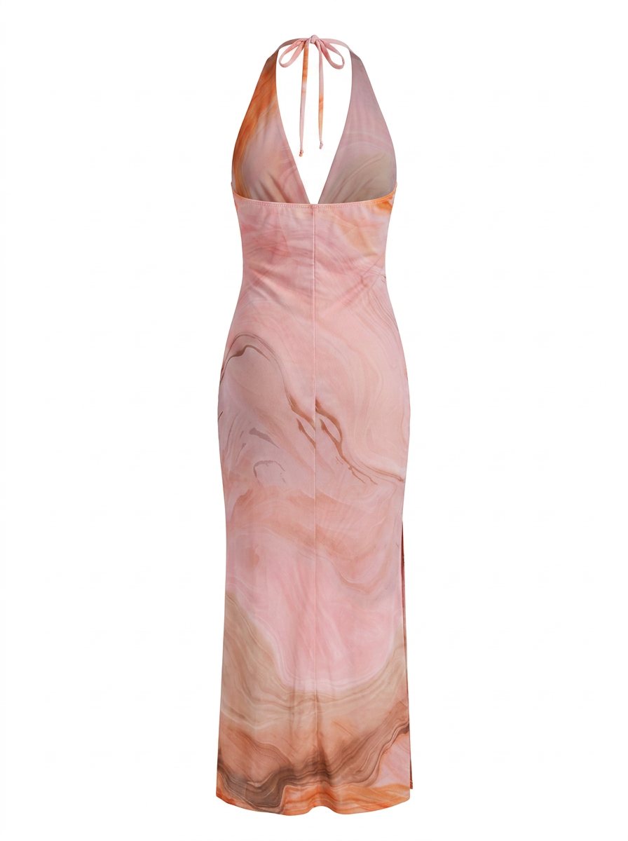 Ghost photo of a pink SWIRL PRINT FRONT RUCHED TWIST HALTER MAXI DRESS on a white background.