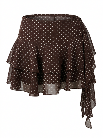 Ghost mannequin photo of a brown POLKA DOT TIERED RUFFLE SKORT on a white background. 