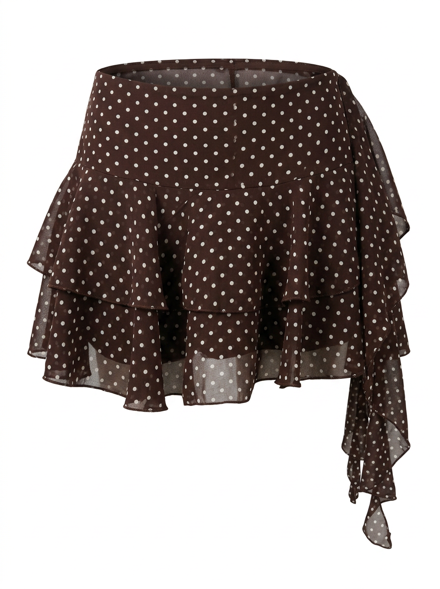 Ghost mannequin photo of a brown POLKA DOT TIERED RUFFLE SKORT on a white background. 