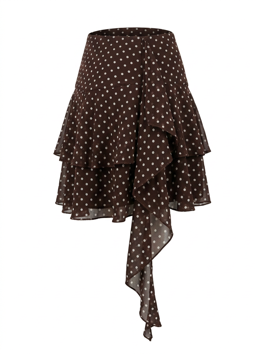Ghost mannequin photo of a brown POLKA DOT TIERED RUFFLE SKORT on a white background. 