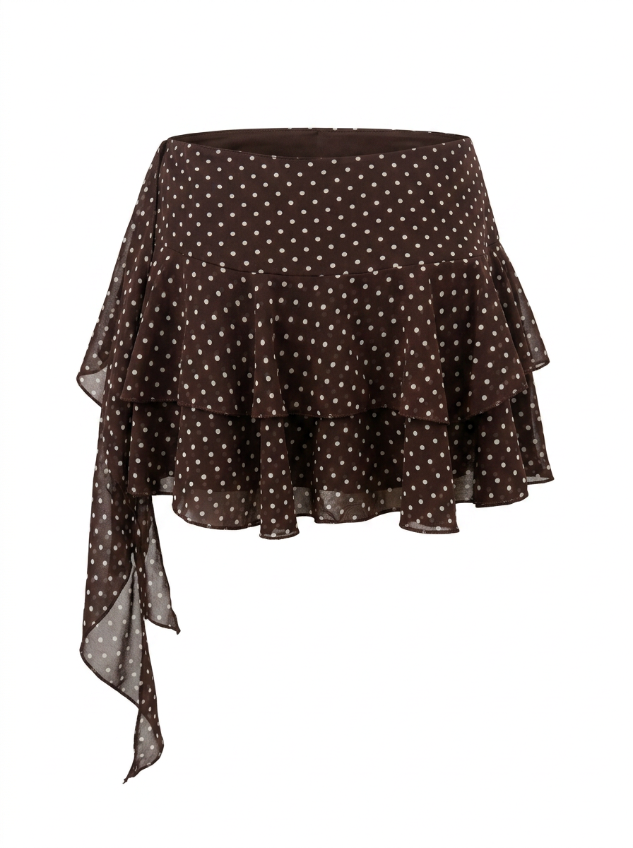 Ghost mannequin photo of a brown POLKA DOT TIERED RUFFLE SKORT on a white background. 