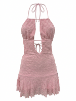 Ghost cut image of a pink LACE HALTER CUT OUT OPEN BACK MINI DRESS on a white background.