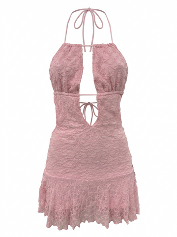 Ghost cut image of a pink LACE HALTER CUT OUT OPEN BACK MINI DRESS on a white background.