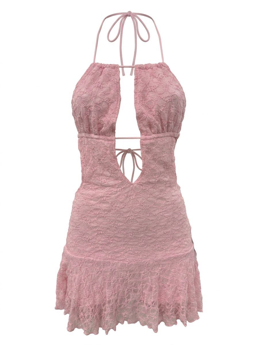 Ghost cut image of a pink LACE HALTER CUT OUT OPEN BACK MINI DRESS on a white background.
