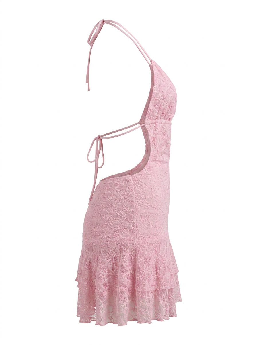 Ghost cut image of a pink LACE HALTER CUT OUT OPEN BACK MINI DRESS on a white background.