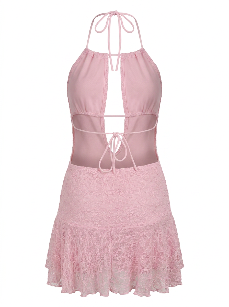 Ghost cut image of a pink LACE HALTER CUT OUT OPEN BACK MINI DRESS on a white background.