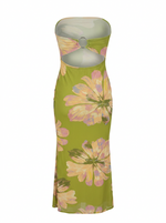 Ghost cut image of a moss green STRAPLESS O RING CUOUT LARGE FLORAL MAXI DRESS on a white background. 