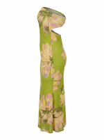 Ghost cut image of a moss green STRAPLESS O RING CUOUT LARGE FLORAL MAXI DRESS on a white background. 