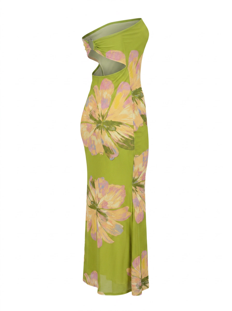Ghost cut image of a moss green STRAPLESS O RING CUOUT LARGE FLORAL MAXI DRESS on a white background. 