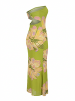 Ghost cut image of a moss green STRAPLESS O RING CUOUT LARGE FLORAL MAXI DRESS on a white background. 