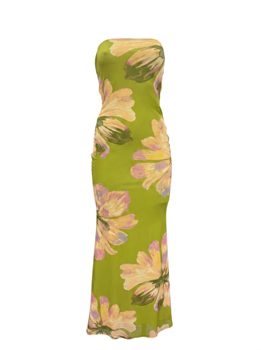 Ghost cut image of a moss green STRAPLESS O RING CUOUT LARGE FLORAL MAXI DRESS on a white background. 