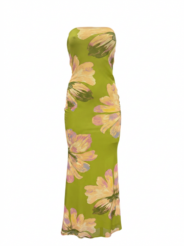 Ghost cut image of a moss green STRAPLESS O RING CUOUT LARGE FLORAL MAXI DRESS on a white background. 