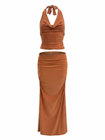 Ghost cut image of an orange RUCHED HALTER COWL NECK TOP & MAXI SKIRT SET on a white background.