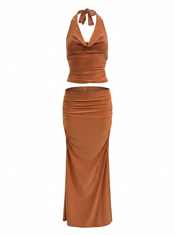 Ghost cut image of an orange RUCHED HALTER COWL NECK TOP & MAXI SKIRT SET on a white background.
