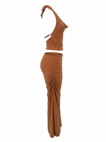 Ghost cut image of an orange RUCHED HALTER COWL NECK TOP & MAXI SKIRT SET on a white background.