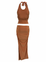 Ghost cut image of an orange RUCHED HALTER COWL NECK TOP & MAXI SKIRT SET on a white background.