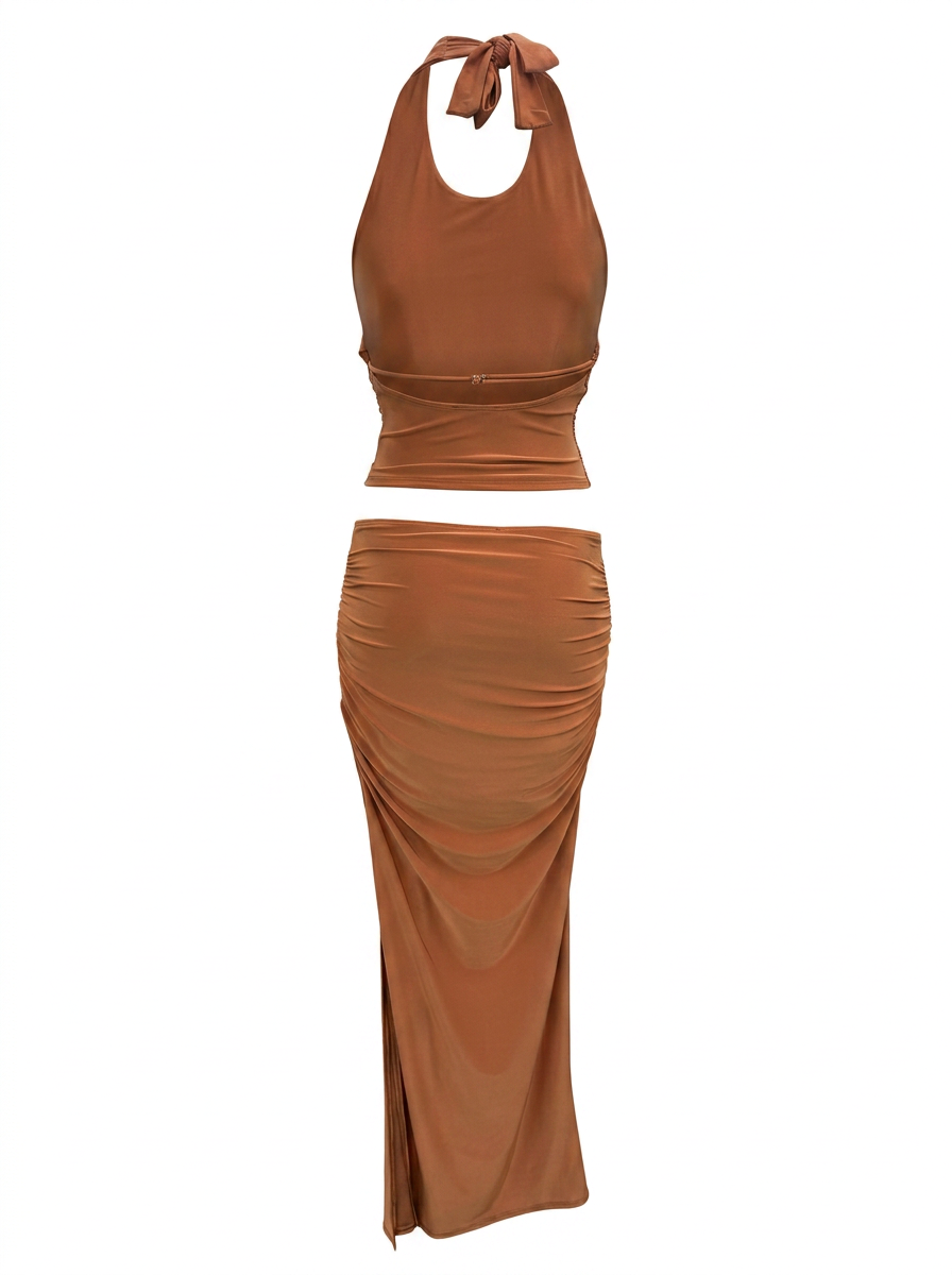 Ghost cut image of an orange RUCHED HALTER COWL NECK TOP & MAXI SKIRT SET on a white background.