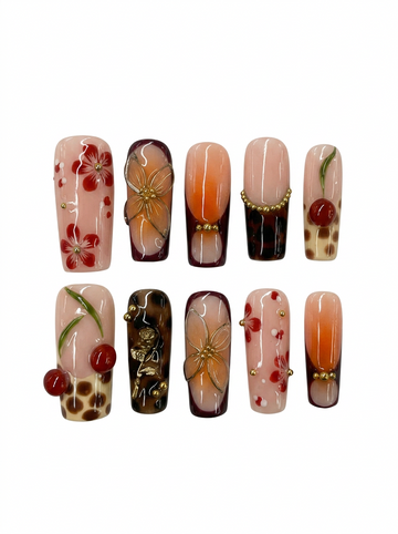 MULTI FLORAL DESIGN AND COLOR LONG SQUARE NAIL